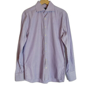 Cafe Coton Men's Purple White Striped Button Down Long Sleeve Shirt Size 15 3/4